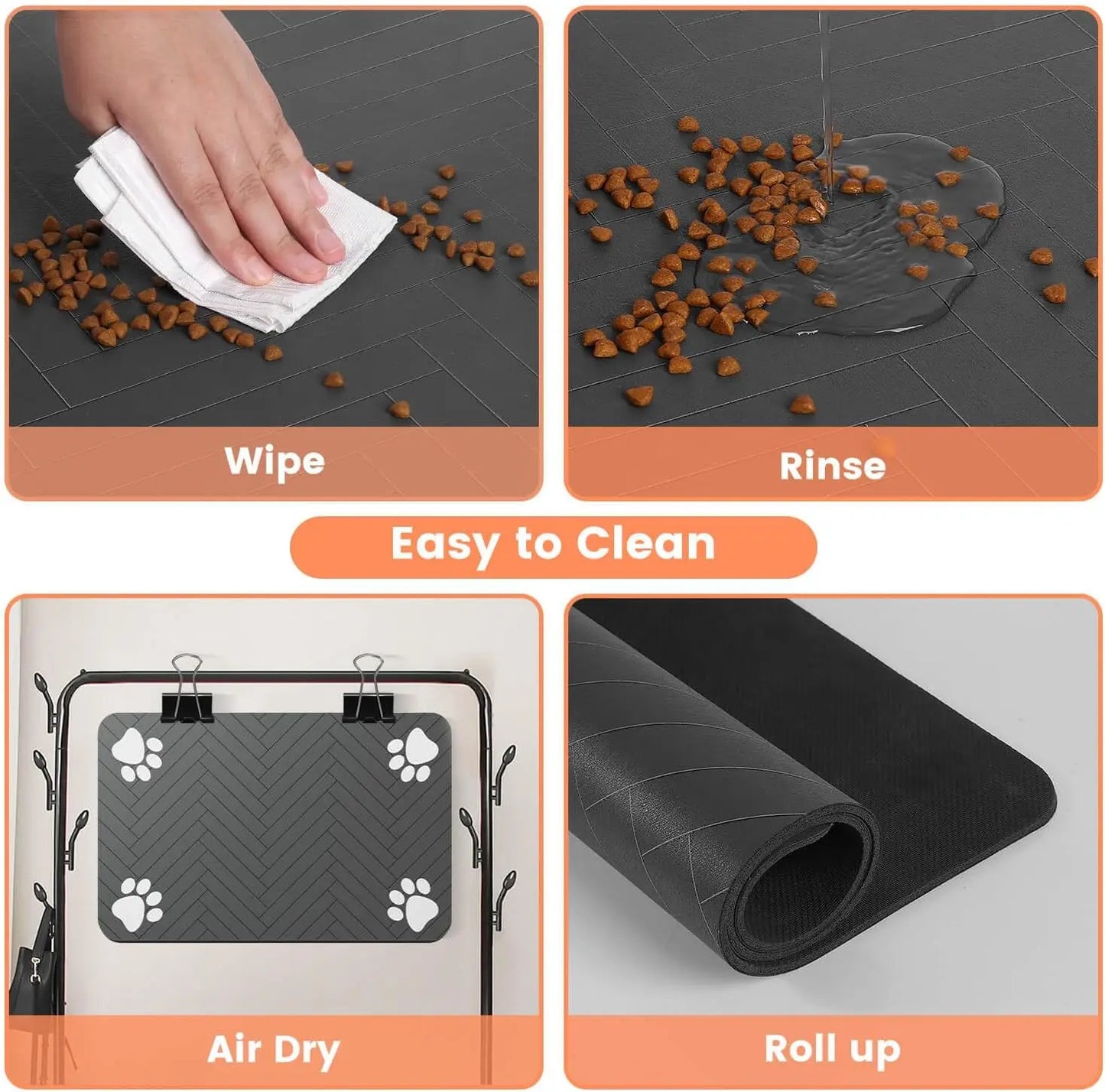 Quick-dry, absorbent pet mat: waterproof rubber backing prevents spills from bowls.