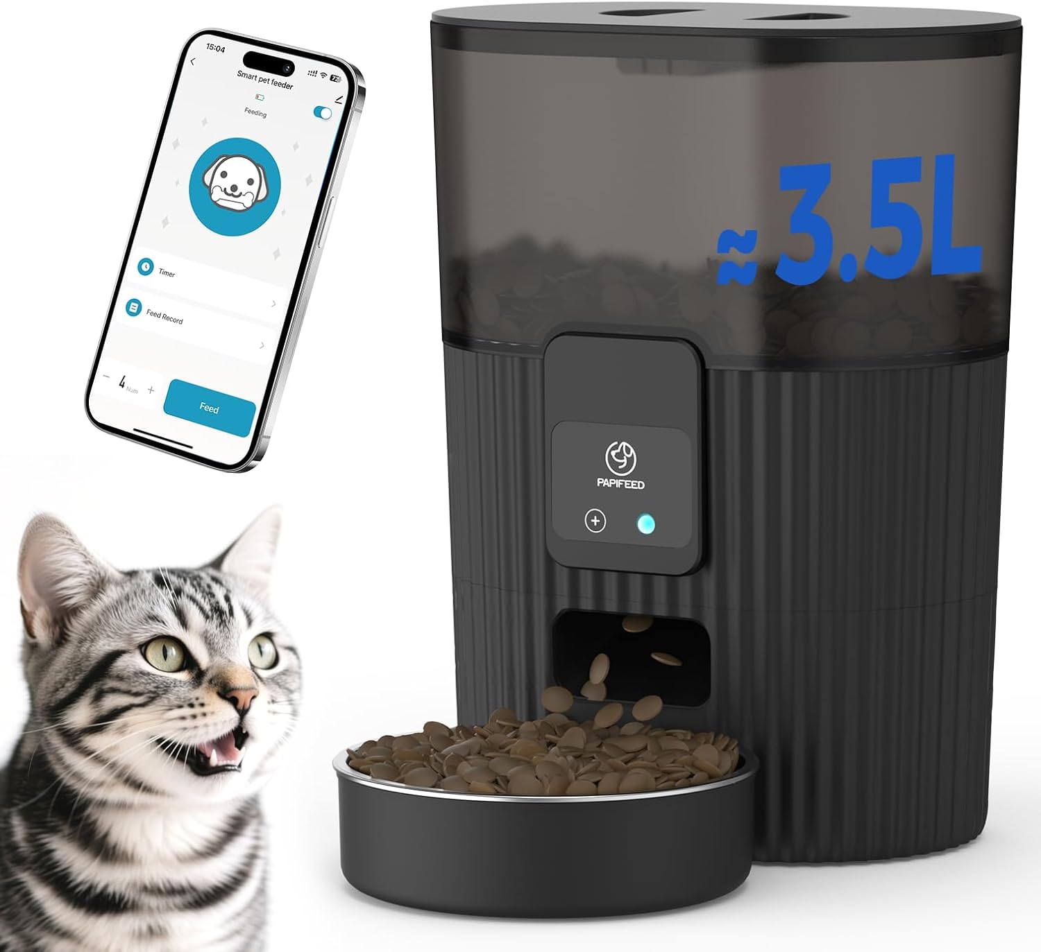 Automatic Cat Feeders with APP: Wifi Pet Dry Food Dispenser Compatible with Alexa & Echo,Smart Timed Auto Cat Feeder with Anti-Bite Power Cord for Cats, Dogs,Up to 10 Meals per Day(15 Cups