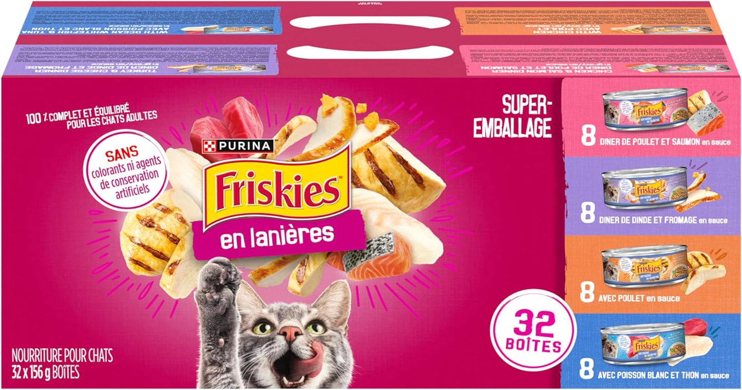 32-pack shredded wet cat food: Four poultry & fish flavors (156g cans).