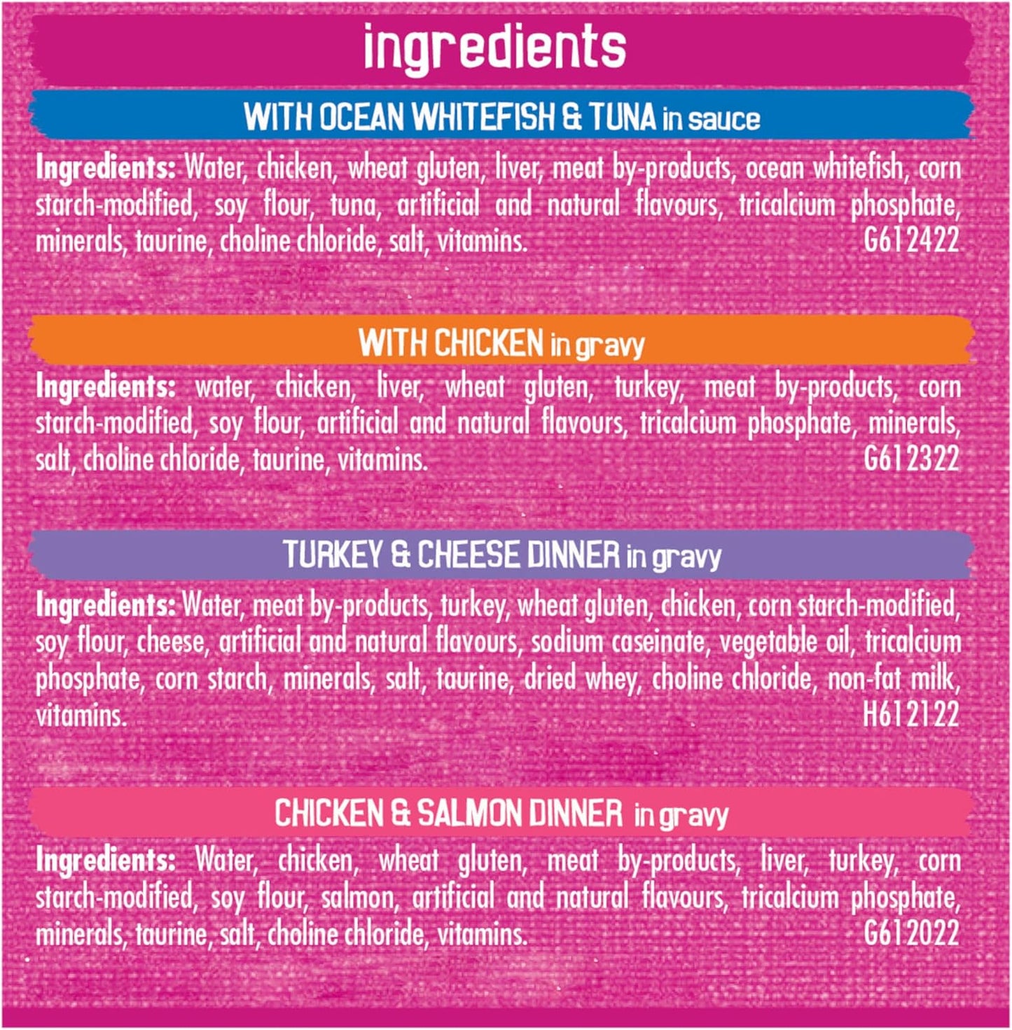 32-pack shredded wet cat food: Four poultry & fish flavors (156g cans).