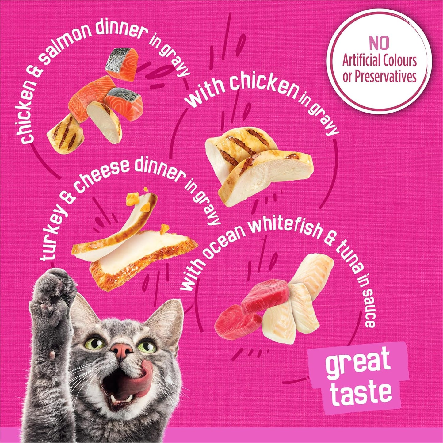 32-pack shredded wet cat food: Four poultry & fish flavors (156g cans).