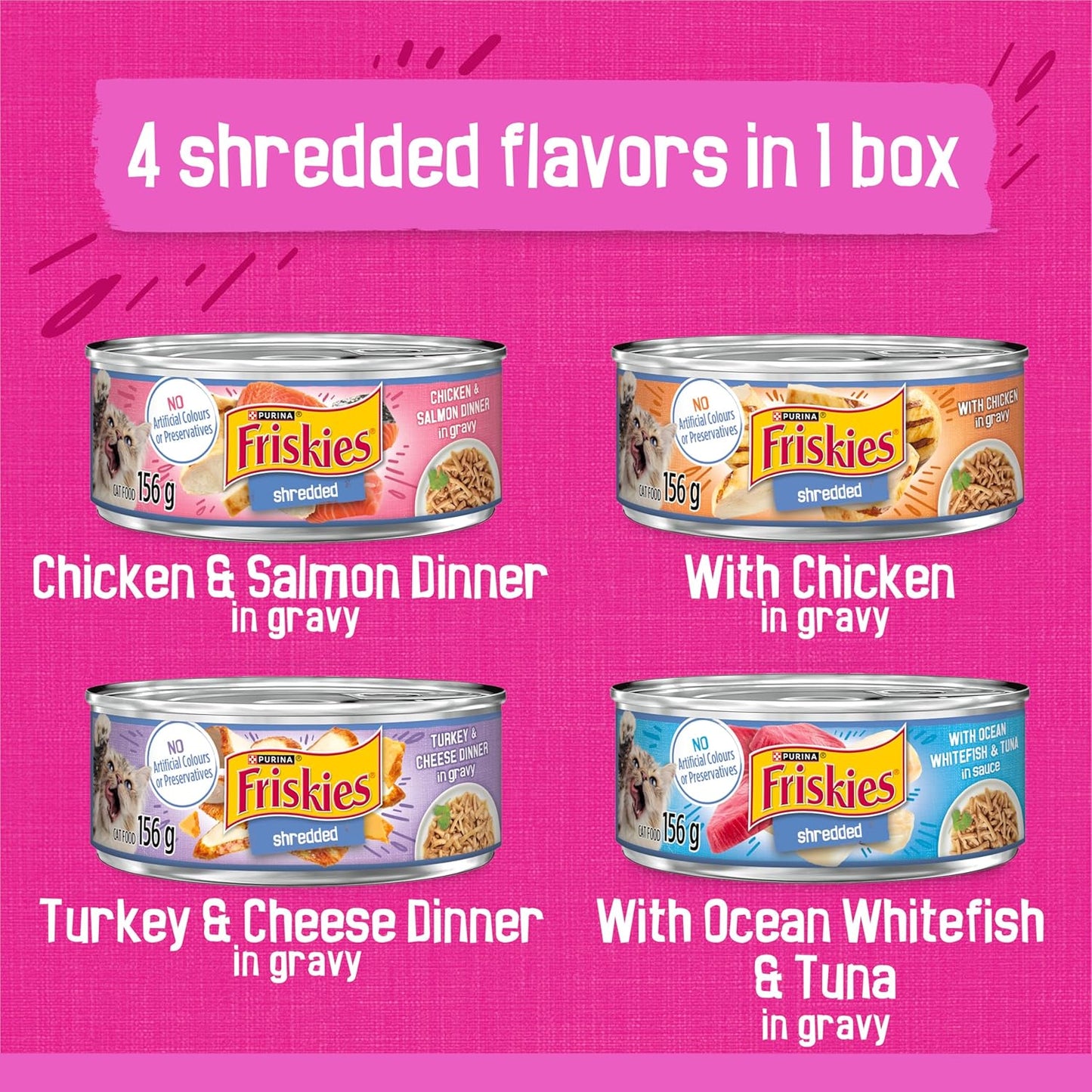 32-pack shredded wet cat food: Four poultry & fish flavors (156g cans).