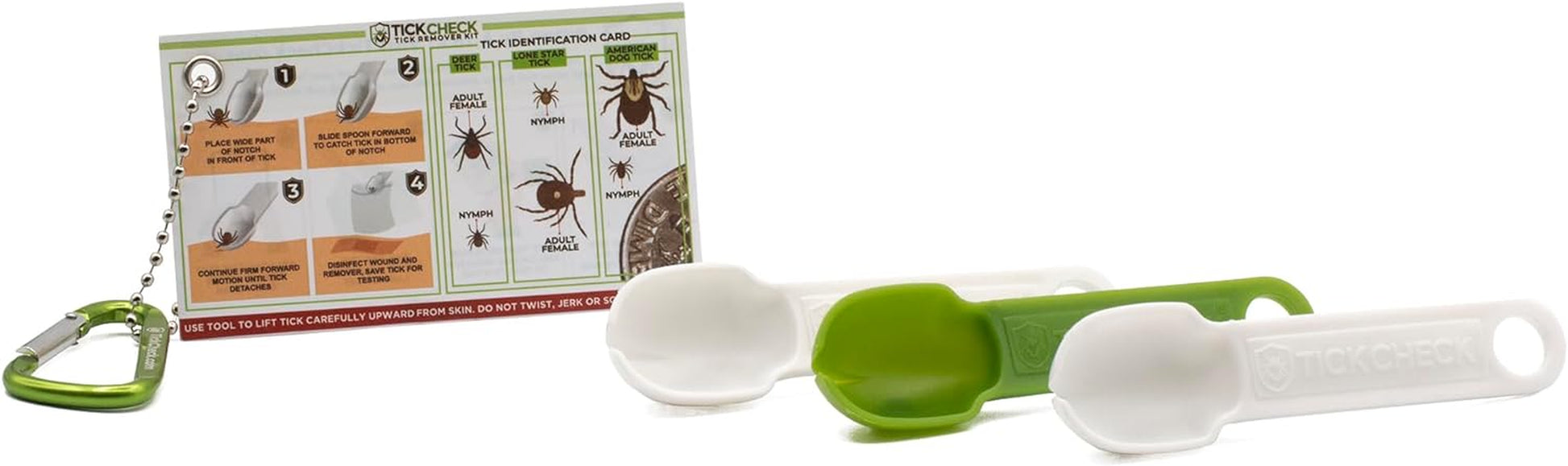 3 lightweight tick remover spoons with handy guide and carabiner for safe, easy removal.