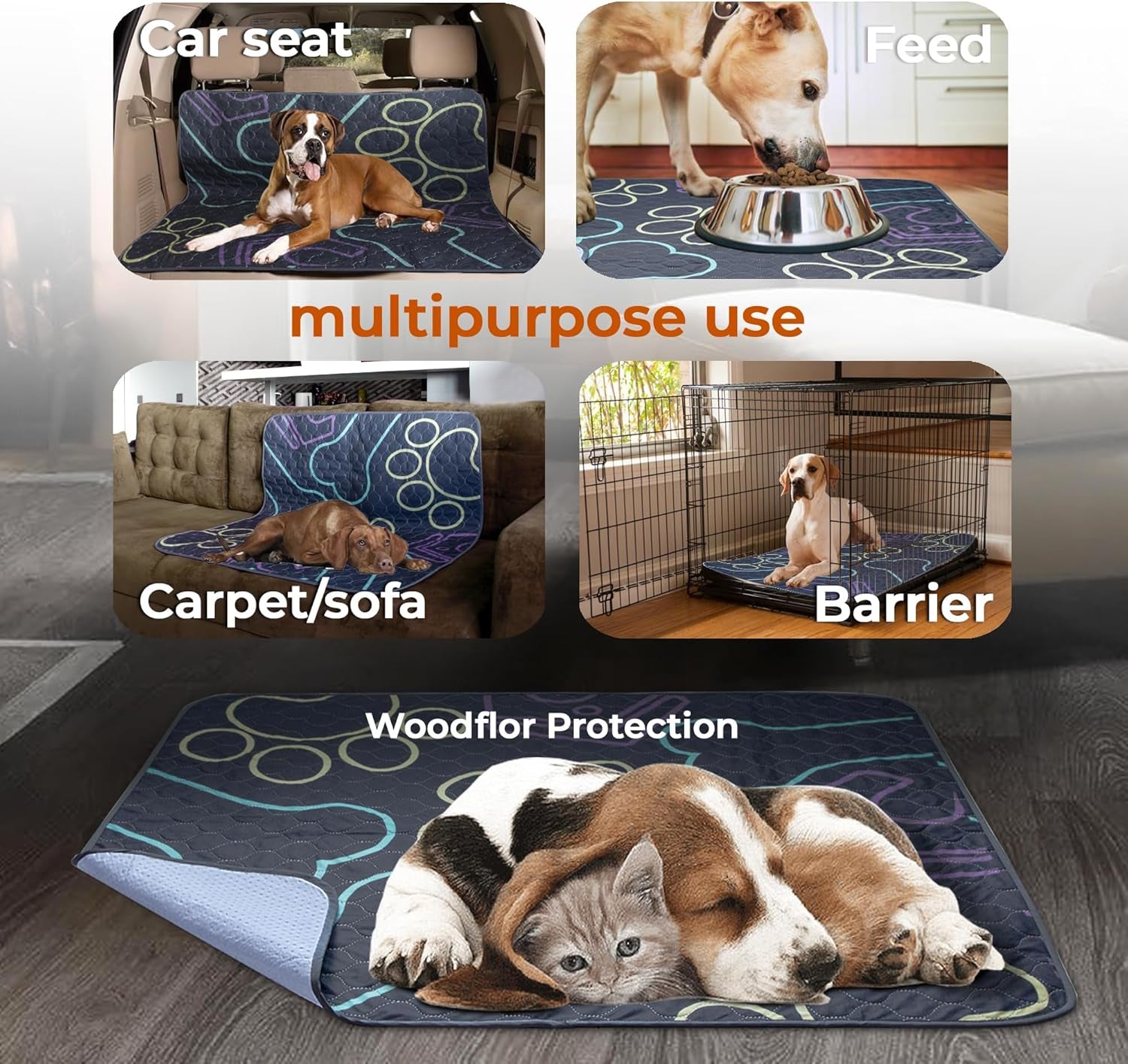 Washable, absorbent, non-slip pee pads: reusable, waterproof, pet training.