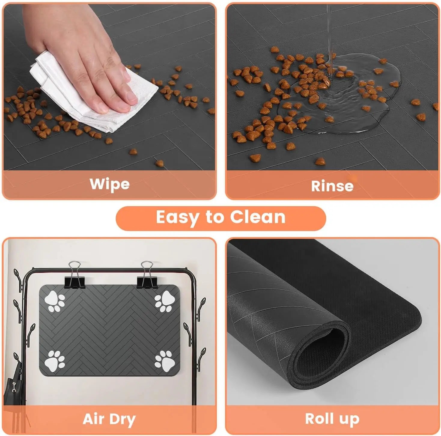 Quick-dry, absorbent pet mat: waterproof rubber backing prevents spills from bowls.