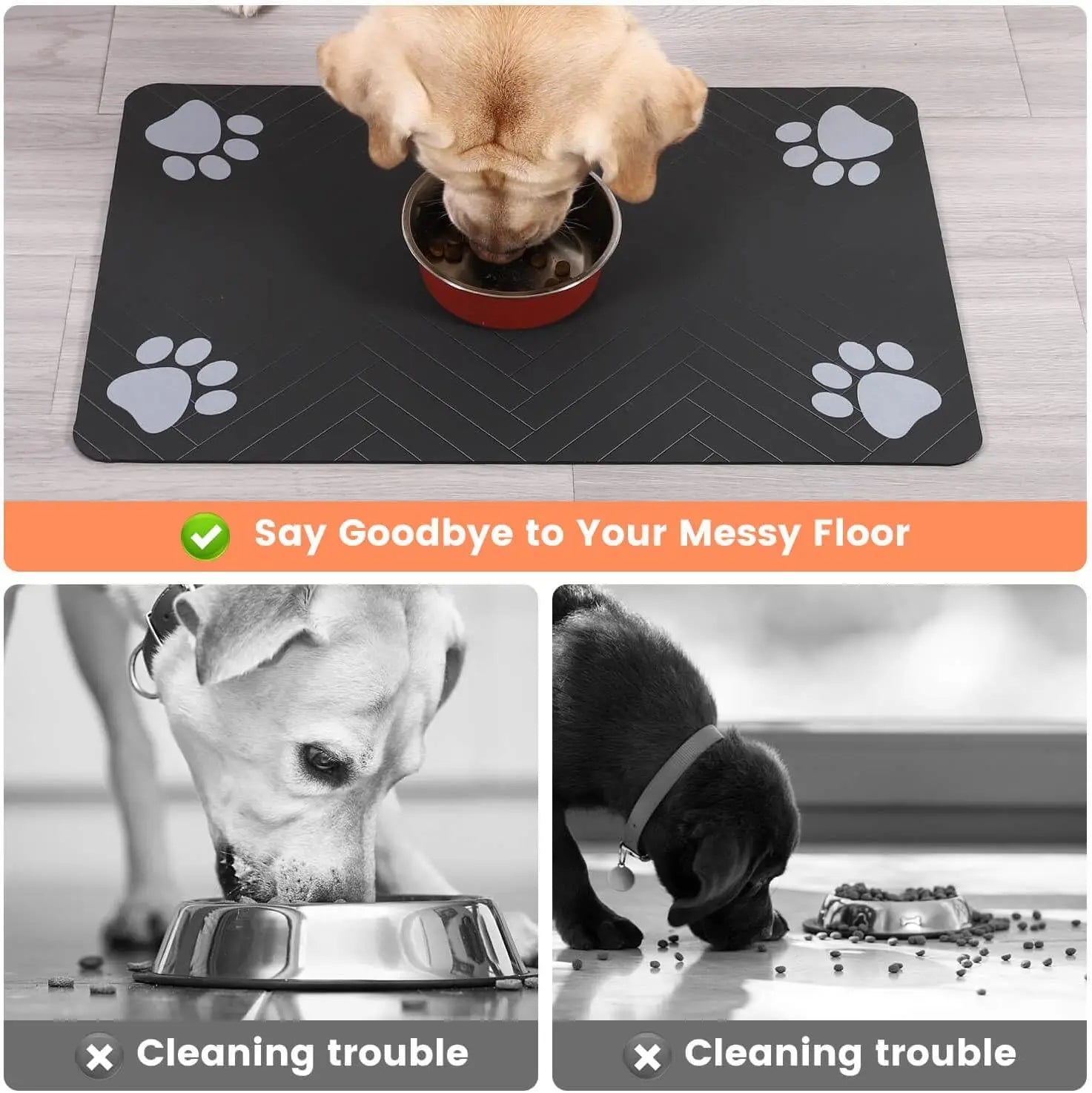Quick-dry, absorbent pet mat: waterproof rubber backing prevents spills from bowls.