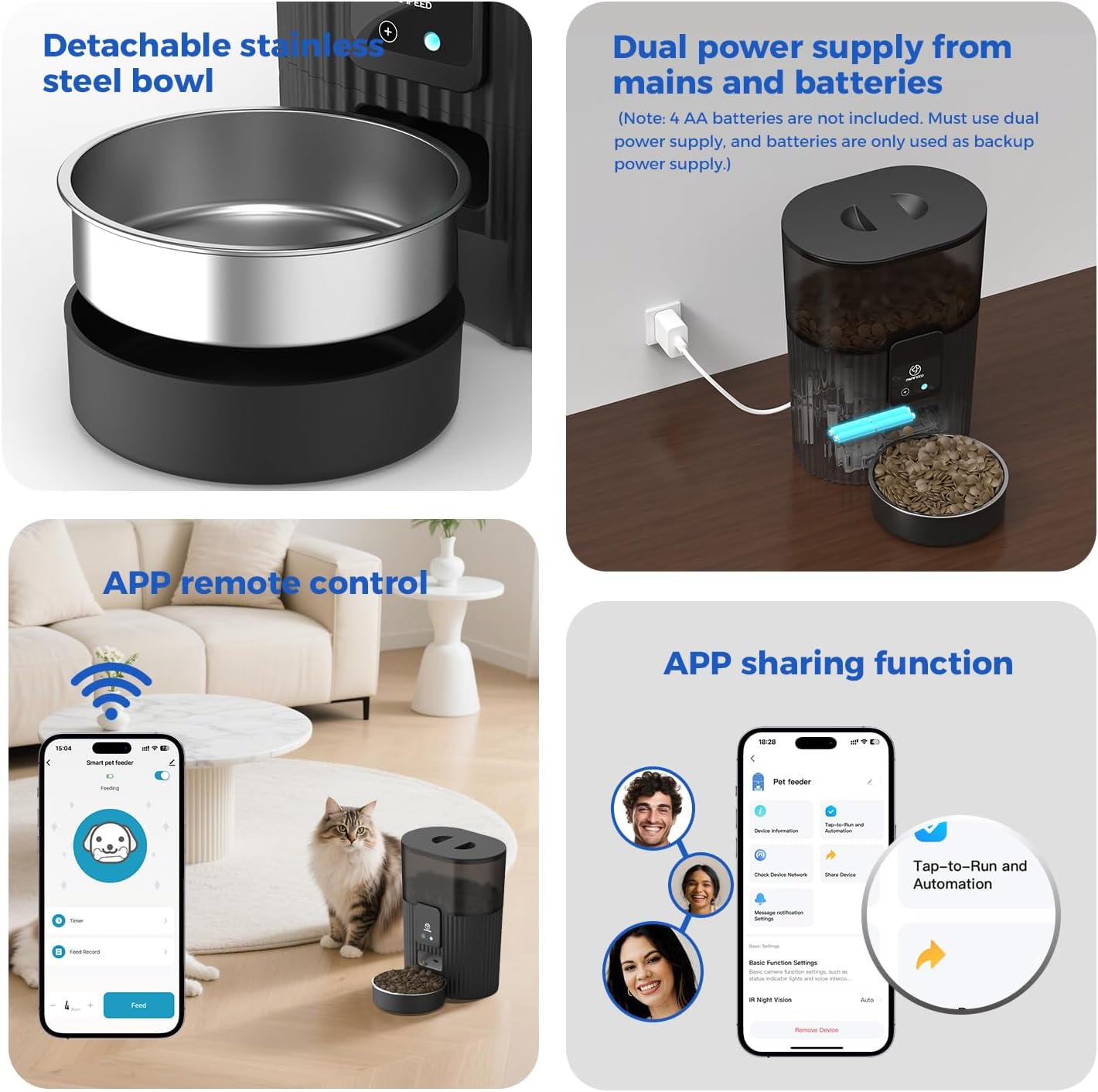 Automatic Cat Feeders with APP: Wifi Pet Dry Food Dispenser Compatible with Alexa & Echo,Smart Timed Auto Cat Feeder with Anti-Bite Power Cord for Cats, Dogs,Up to 10 Meals per Day(15 Cups