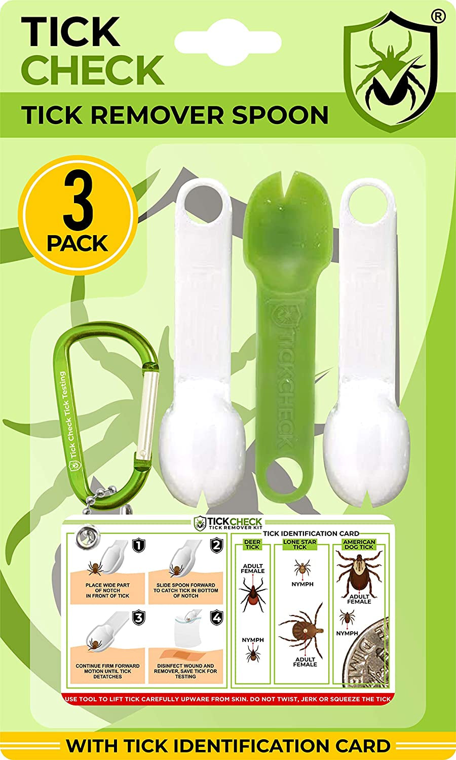 3 lightweight tick remover spoons with handy guide and carabiner for safe, easy removal.
