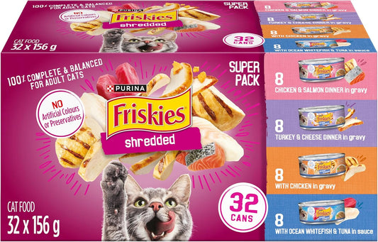 32-pack shredded wet cat food: Four poultry & fish flavors (156g cans).