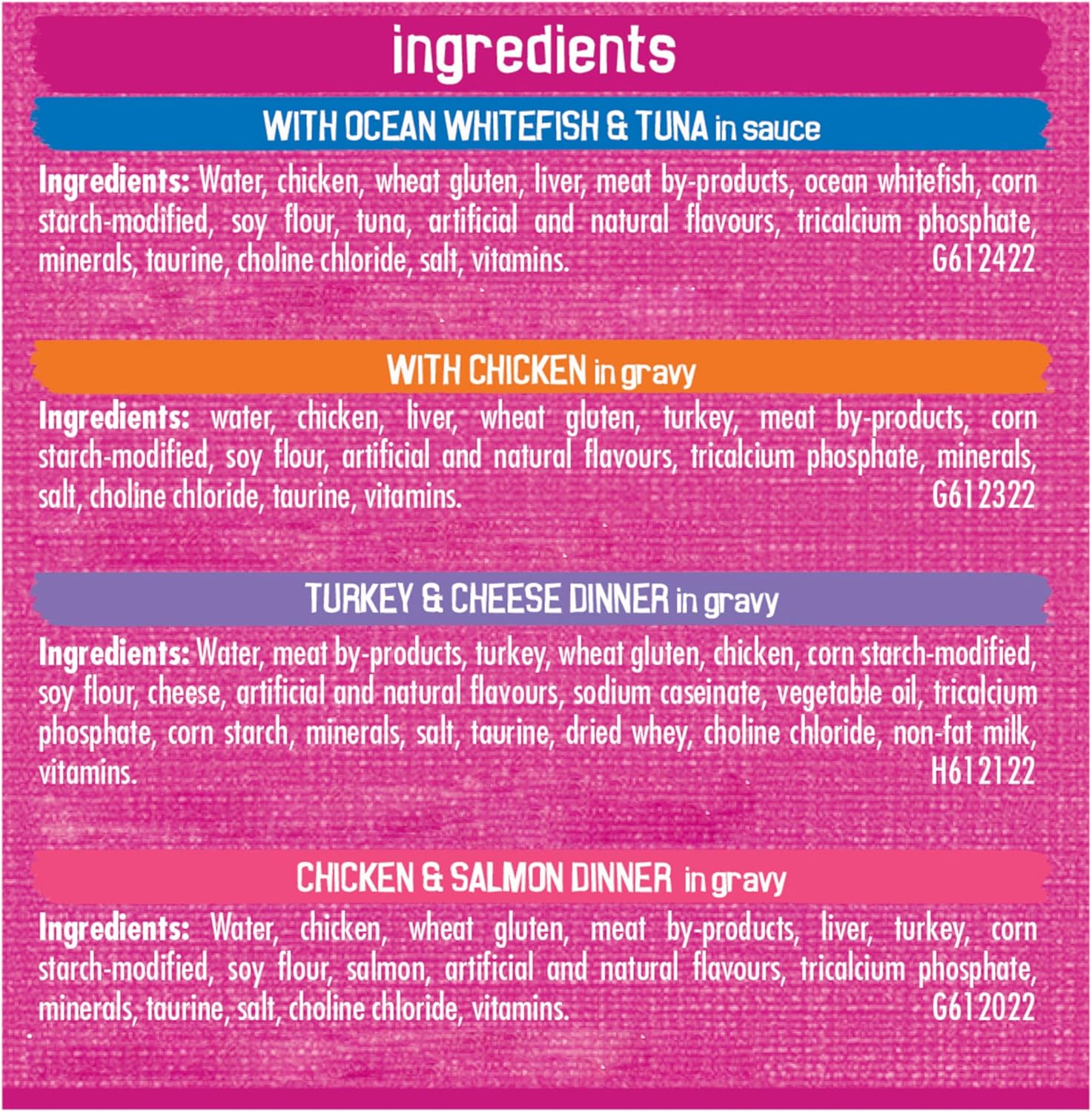 32-pack shredded wet cat food: Four poultry & fish flavors (156g cans).