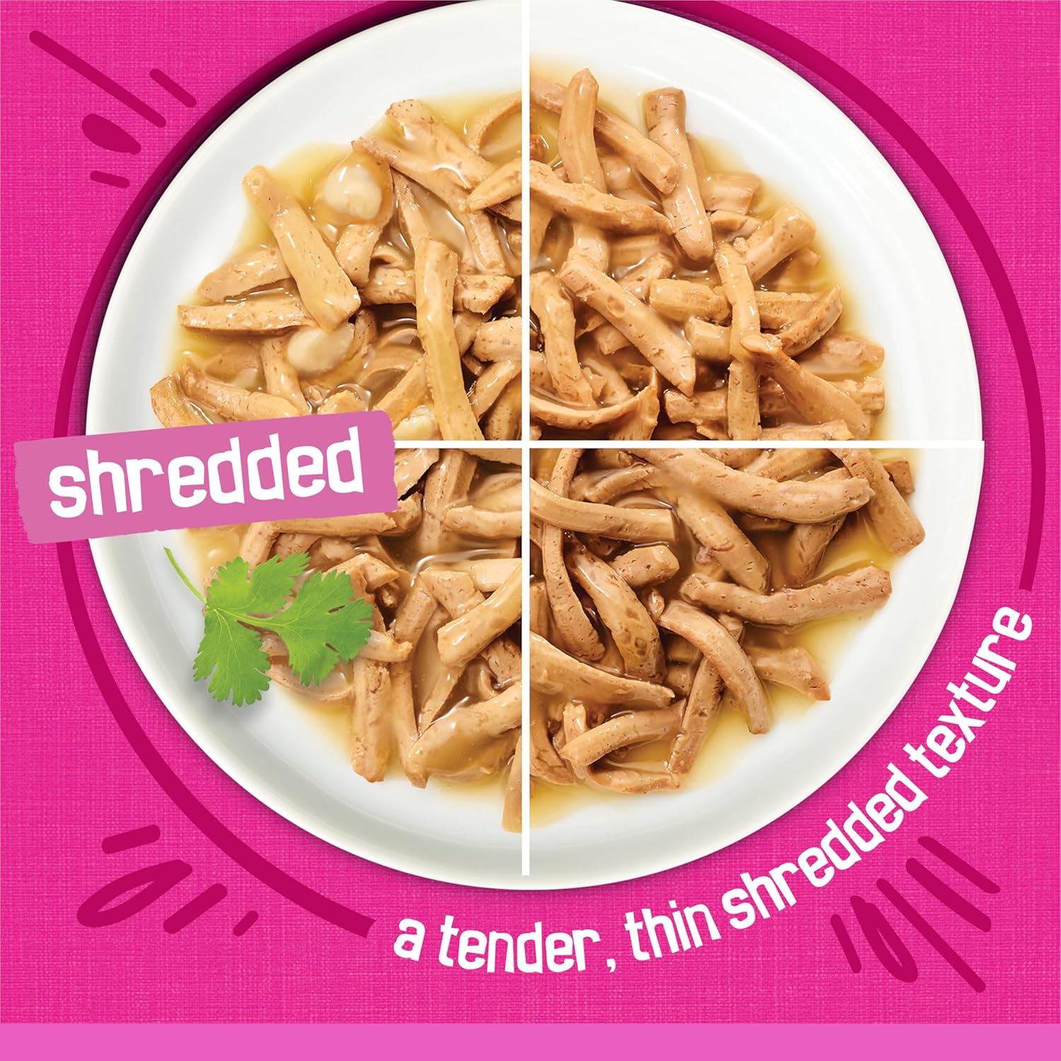 32-pack shredded wet cat food: Four poultry & fish flavors (156g cans).
