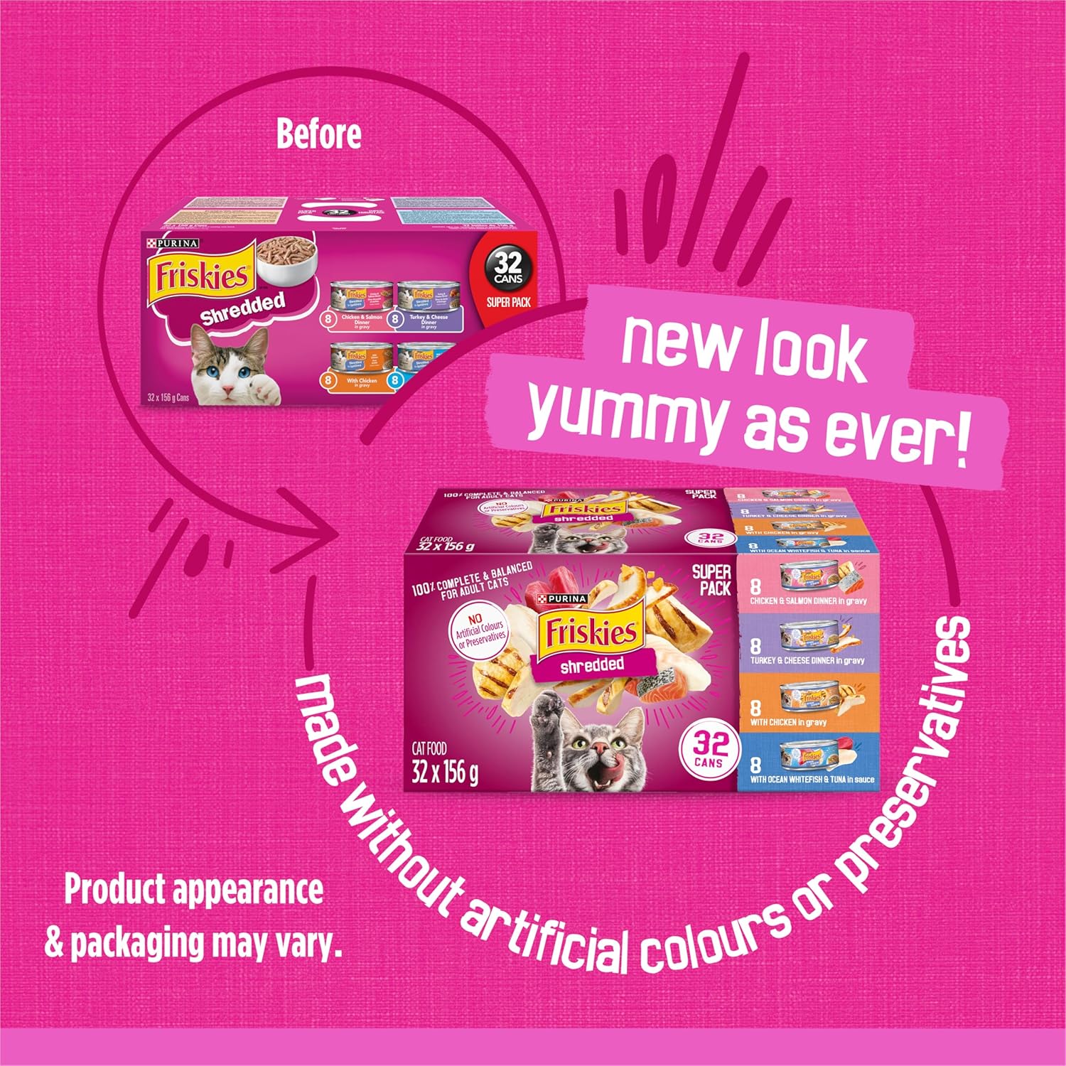 32-pack shredded wet cat food: Four poultry & fish flavors (156g cans).