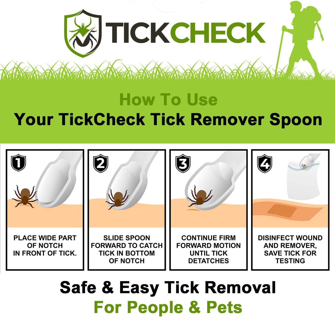 3 lightweight tick remover spoons with handy guide and carabiner for safe, easy removal.