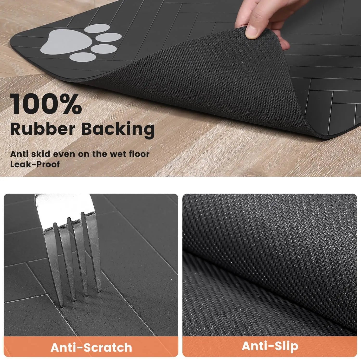 Quick-dry, absorbent pet mat: waterproof rubber backing prevents spills from bowls.