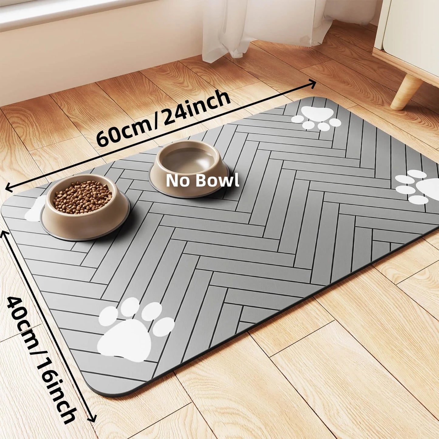 Quick-dry, absorbent pet mat: waterproof rubber backing prevents spills from bowls.