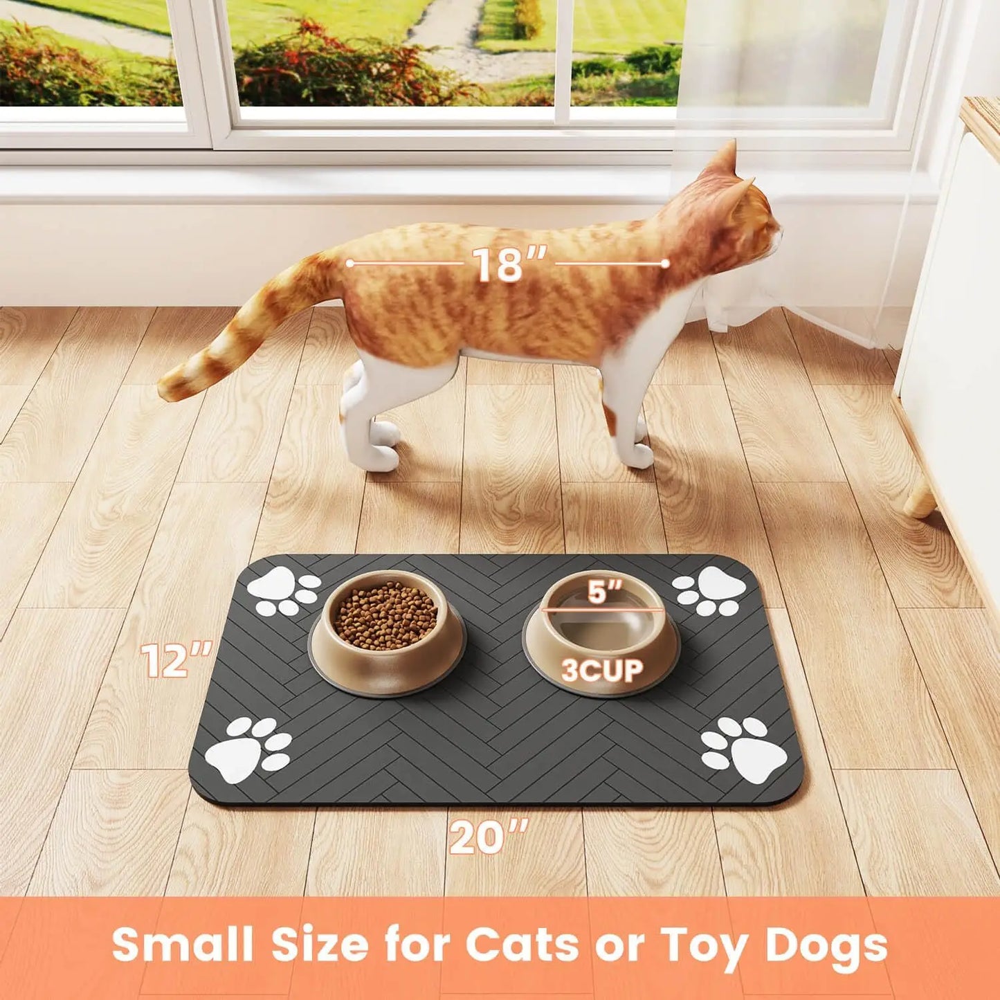 Quick-dry, absorbent pet mat: waterproof rubber backing prevents spills from bowls.